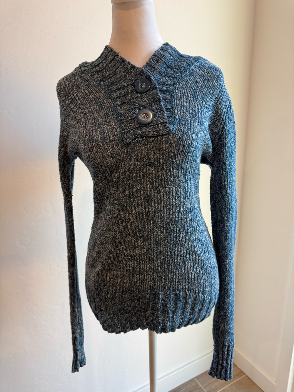 Cozy Women's Dark Gray Button-Neck Knit Sweater